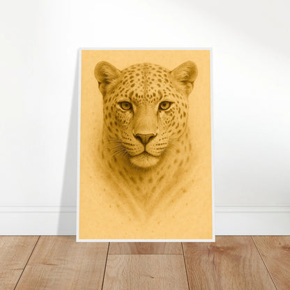 Golden Focus Leopard Poster angelehnt an die Wand – modernes Deko-Poster in Gold für stilvolle Räume.