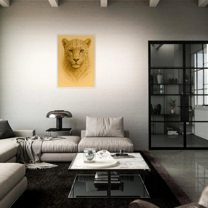 Golden Focus Leopard Poster im modernen Wohnzimmer – luxuriöse Tierkunst in goldener Farbgebung.