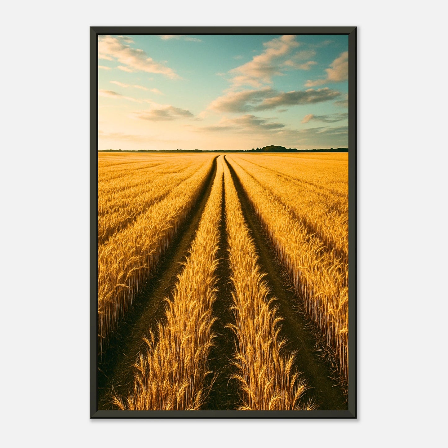 Detailaufnahme des Golden Horizon Posters – feine Weizenhalme im goldenen Licht, hohe Druckqualität mit kräftigen Farben im schwarzen Metallrahmen.