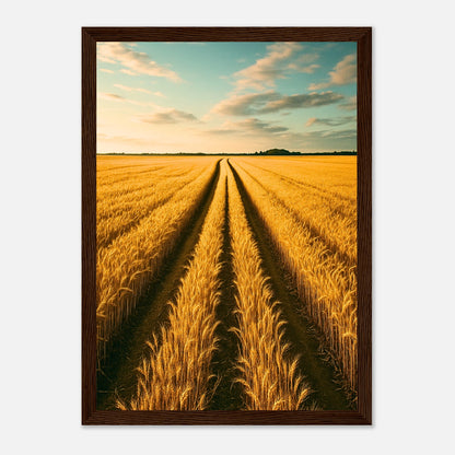 Golden Horizon Poster im dunkelbraunen Holzrahmen – Landschaftsbild Sonnenuntergang über Weizenfeldern für Wohnzimmer