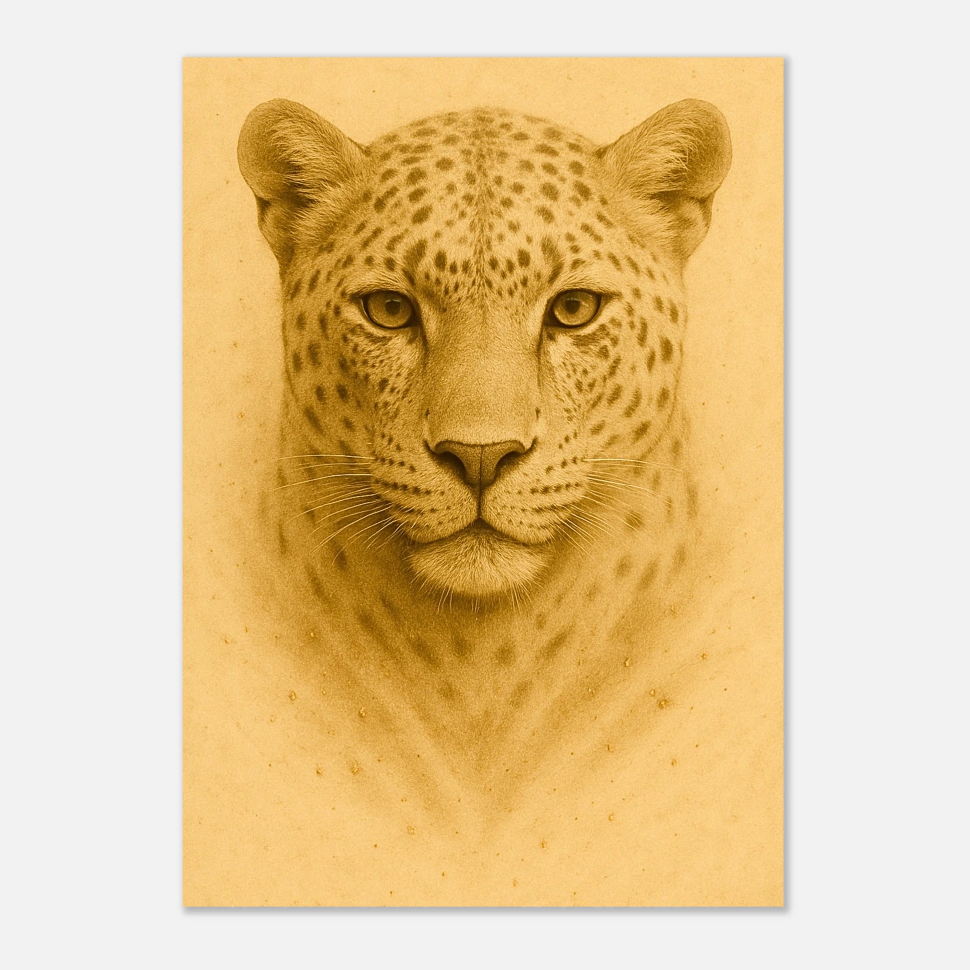 Golden Focus Poster mit Leopardenkopf – auf hellem Holzuntergrund platziert