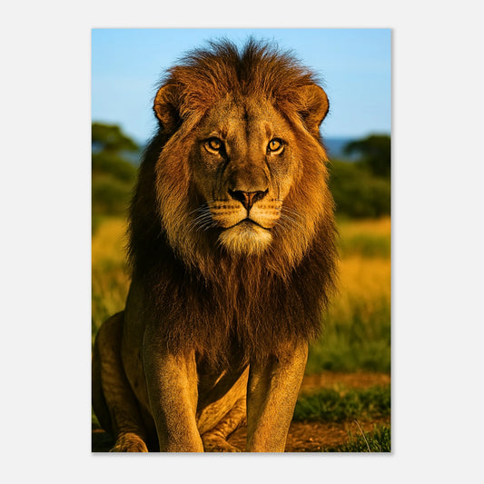 Golden Majesty Poster – majestätischer Löwe im goldenen Licht der Savanne als edle Wandkunst