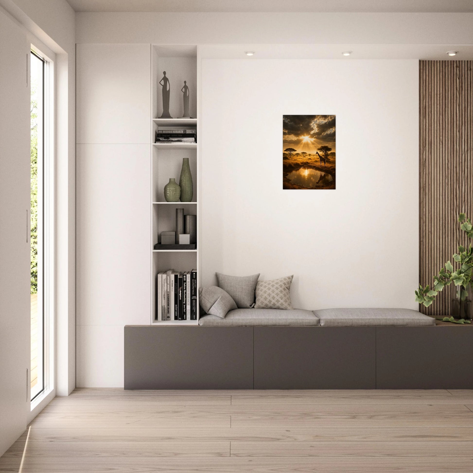 Golden Savannah African landscape wall decor – premium art print displayed above sofa in bright living room.
