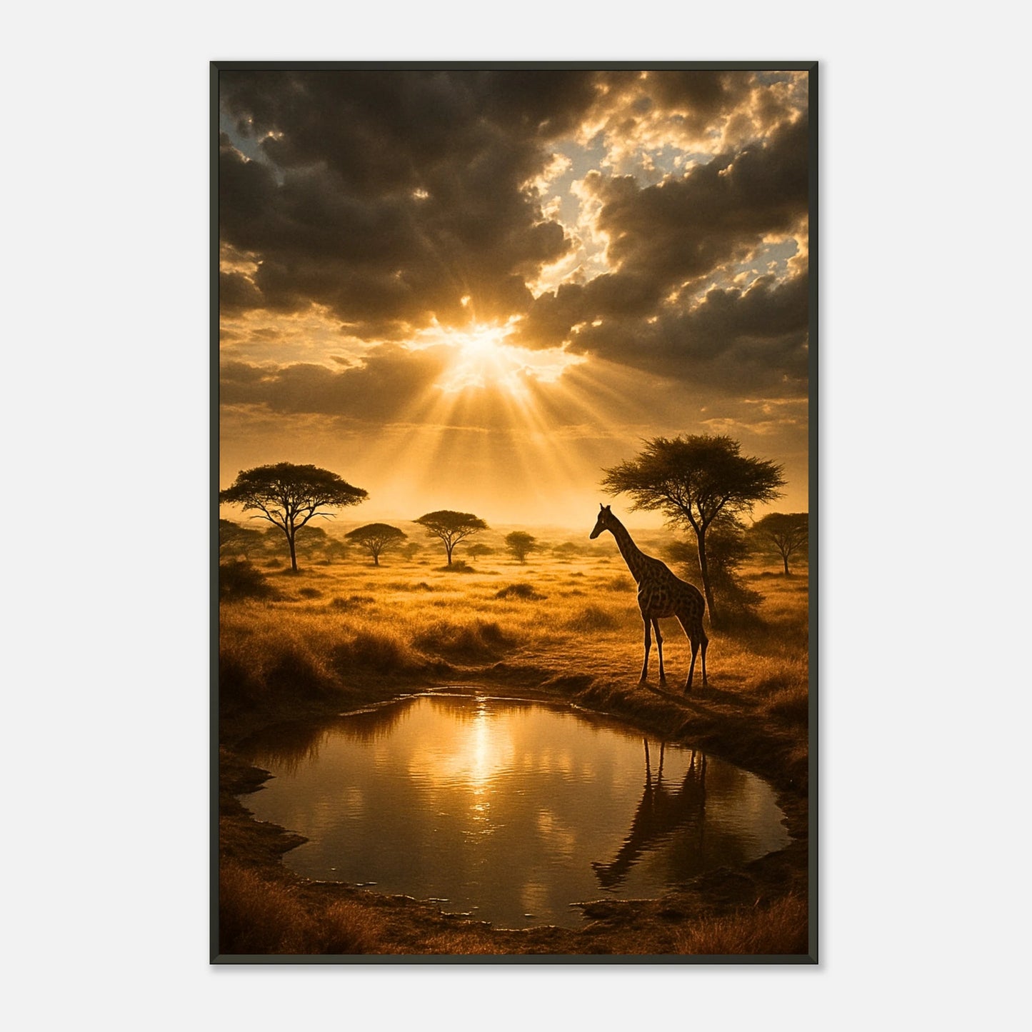 Golden Savannah Poster mit Giraffen im warmen Licht des afrikanischen Sonnenuntergangs – harmonische Wanddekoration mit Natur- und Safari-Feeling von Defa Designs.