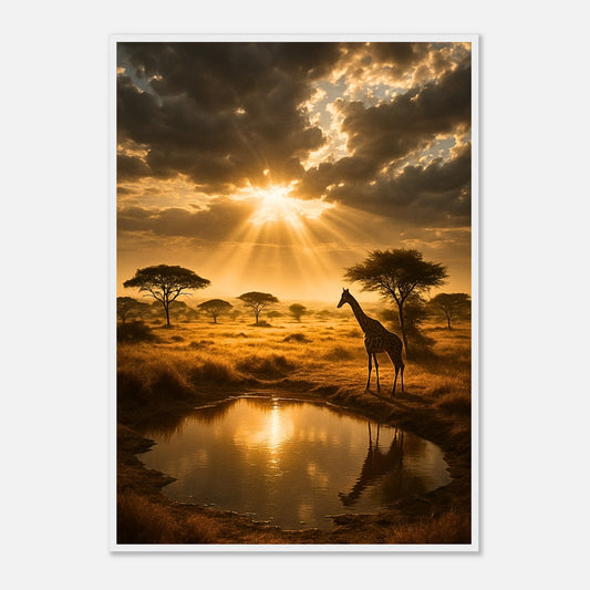 Golden Savannah Poster – Afrikanische Savanne im Sonnenuntergang, Natur Wandbild mit Premium Holzrahmen