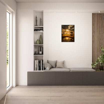 Golden Savannah Poster im hellen Wohnzimmer – harmonisches Naturmotiv mit Giraffen und Sonnenstrahlen, bringt Wärme und Ruhe in moderne Wohnräume – von Defa Designs.