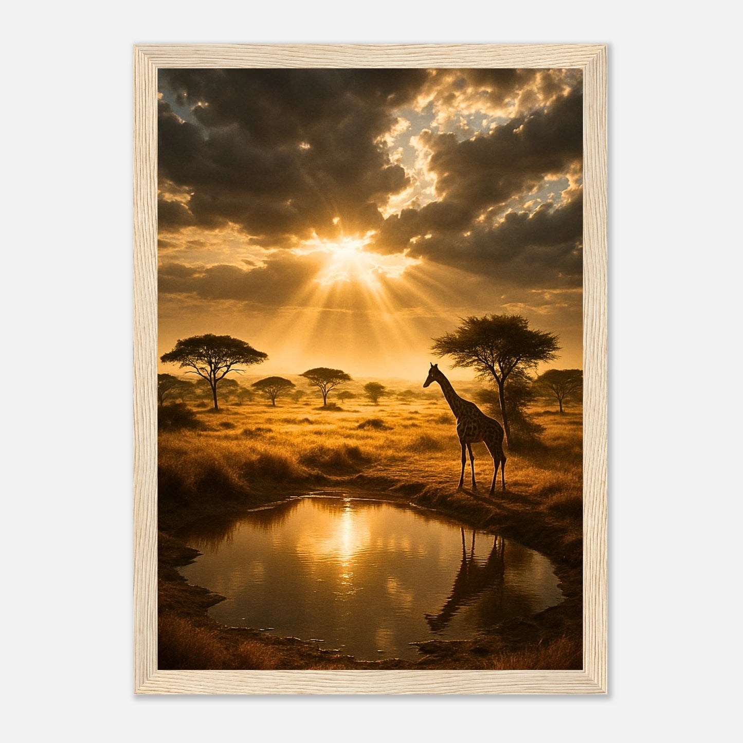 Golden Savannah Wandbild – afrikanisches Naturposter mit stabilem Holzrahmen, edle Wanddekoration