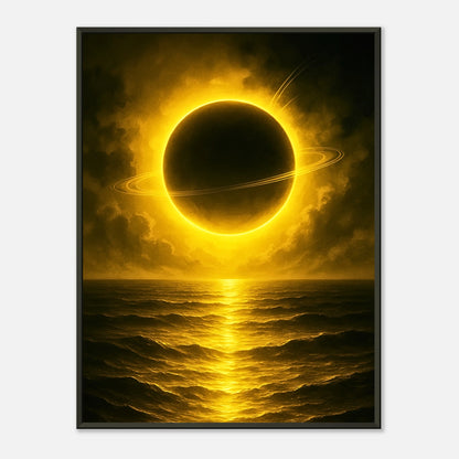 Golden Sea kosmisches Meer Wandbild mit schwarzem Metallrahmen, leuchtender Planet über goldenem Ozean in mystischer Atmosphäre
