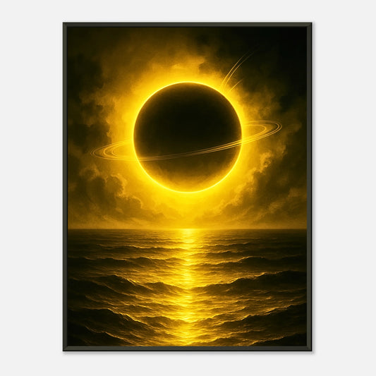 Golden Sea kosmisches Meer Wandbild mit schwarzem Metallrahmen, leuchtender Planet über goldenem Ozean in mystischer Atmosphäre