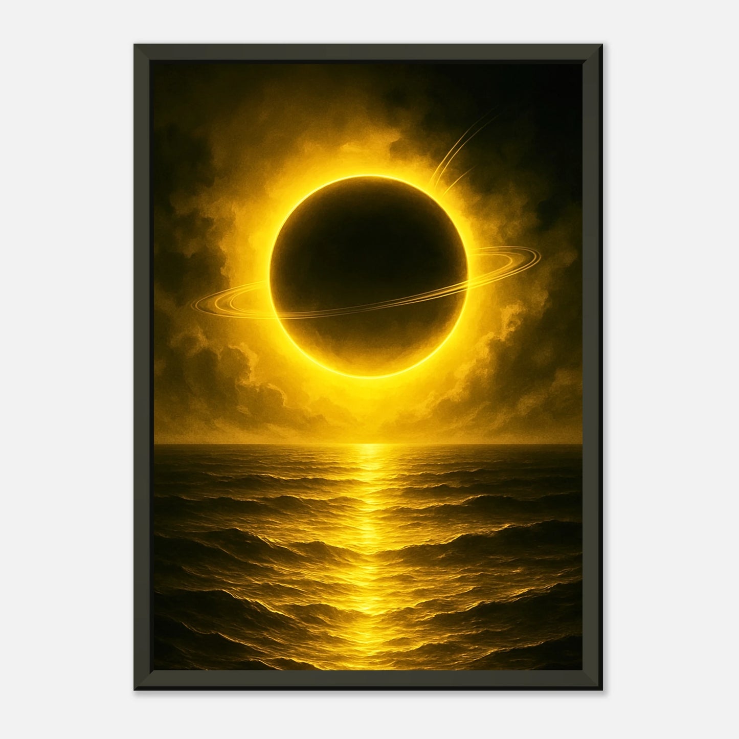 Golden Sea kosmisches Wandbild in dunklem modernen Interior, schwarzer Metallrahmen mit ruhiger und mystischer Wirkung