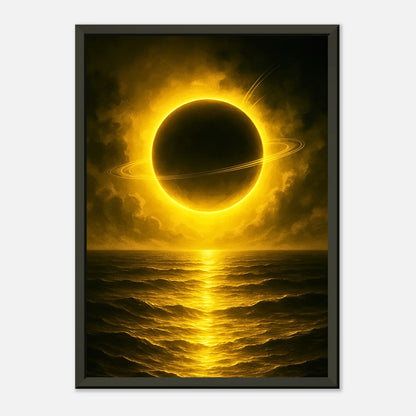 Golden Sea kosmisches Wandbild in dunklem modernen Interior, schwarzer Metallrahmen mit ruhiger und mystischer Wirkung