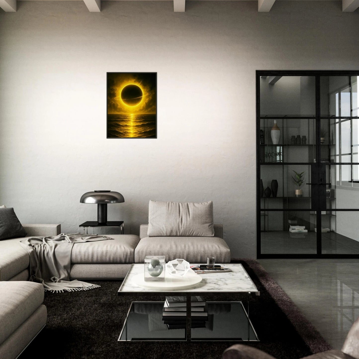 Detailaufnahme vom Golden Sea Wandbild mit schwarzem Metallrahmen, hochwertige Druckqualität und intensive Goldtöne