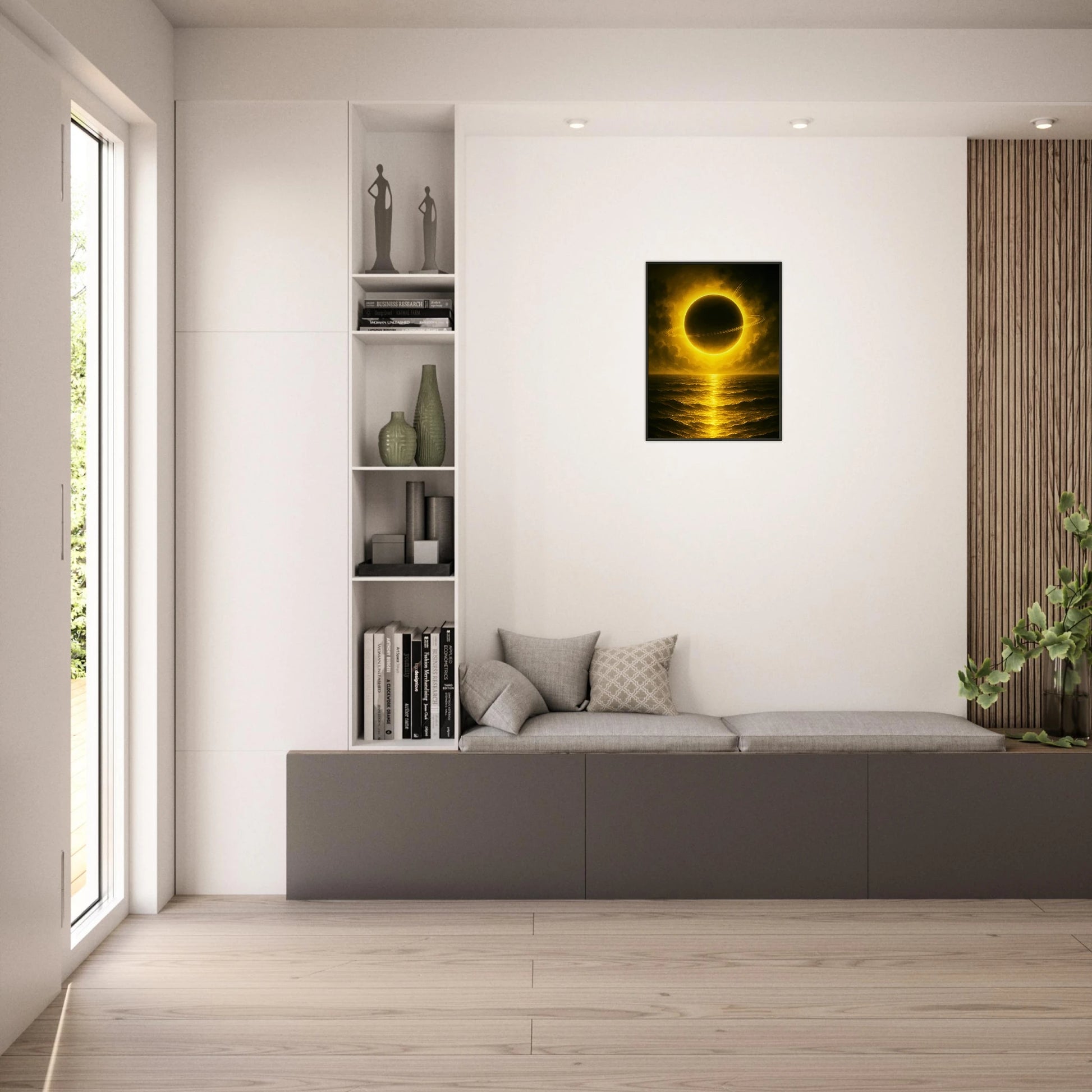 Golden Sea Statement Wandbild über Sofa im Wohnzimmer, ruhige kosmische Ozean Kunst im schwarzen Metallrahmen