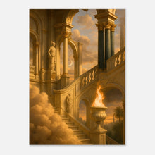 Golden Stairway poster – dreamy classical wall art with arches, statues, clouds and golden light