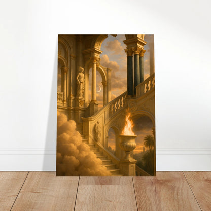 Golden Stairway classical poster leaning on floor – dreamy wall art print with golden clouds