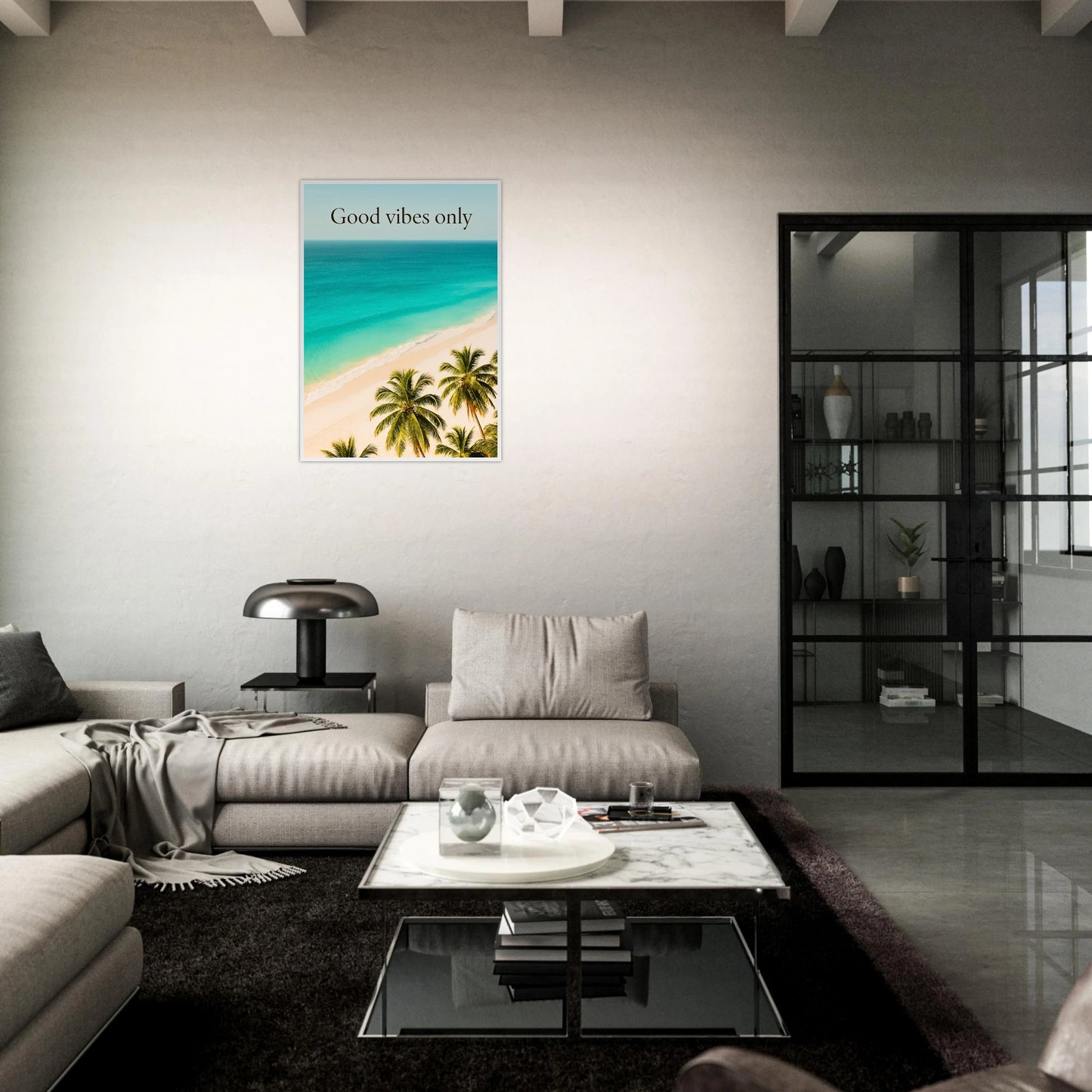 Good vibes only Poster mit Strand und Palmen – sommerliches Wandbild als Dekoration im Esszimmer