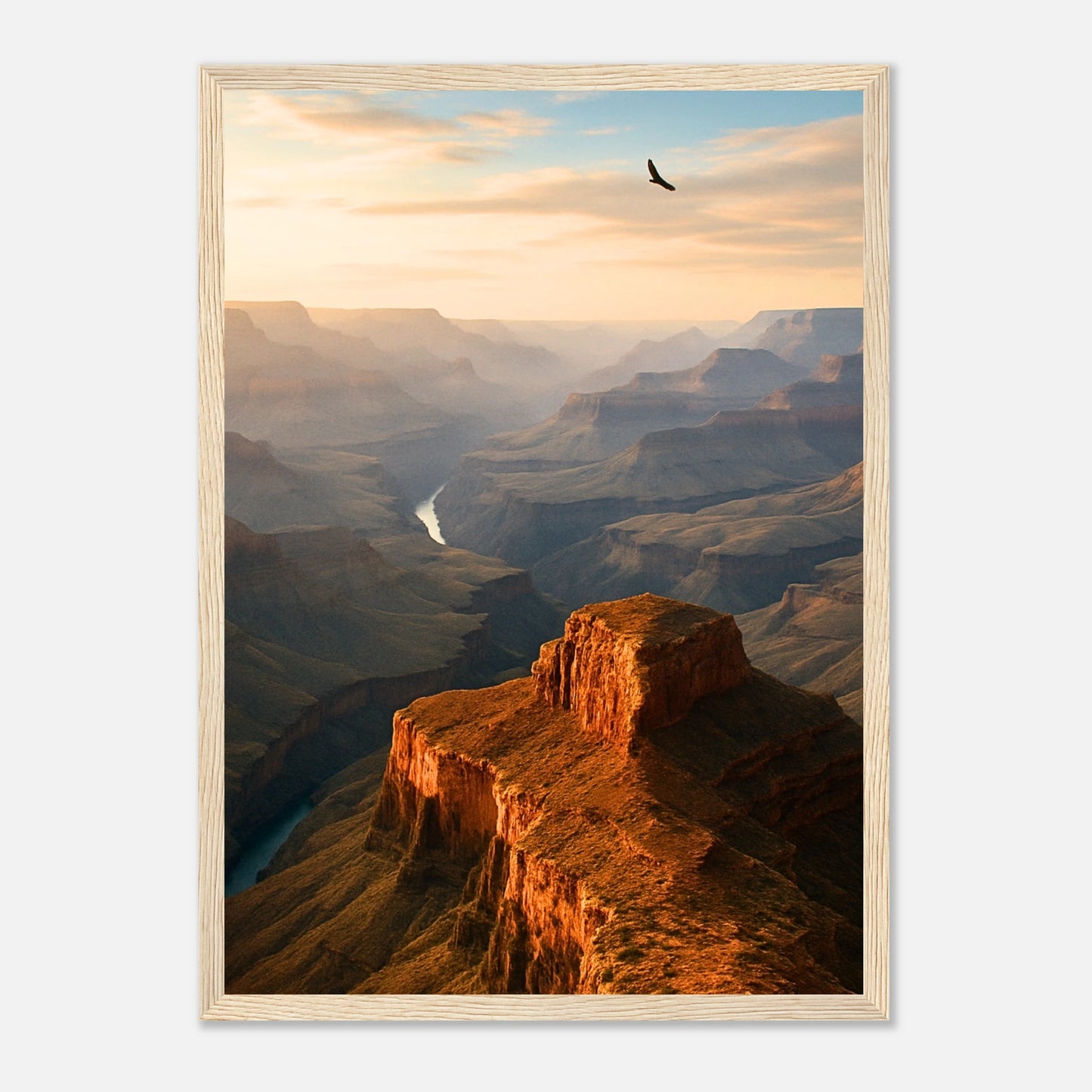 Grand Canyon Poster im hellbraunen Holzrahmen – Natur Wandbild Canyon Landschaft, warmes Licht und majestätische Weite