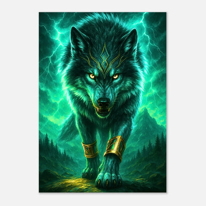 Fantasy green wolf art print, modern wall poster with glowing forest background
