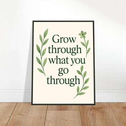 Grow Through wall art poster leaning against wall in black metal frame modern bedroom decor mockup