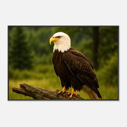 Seitliche Ansicht des Guardian of the Heights Posters mit imposantem Adlermotiv und tiefgrünem Naturhintergrund im eleganten schwarzen Metallrahmen.