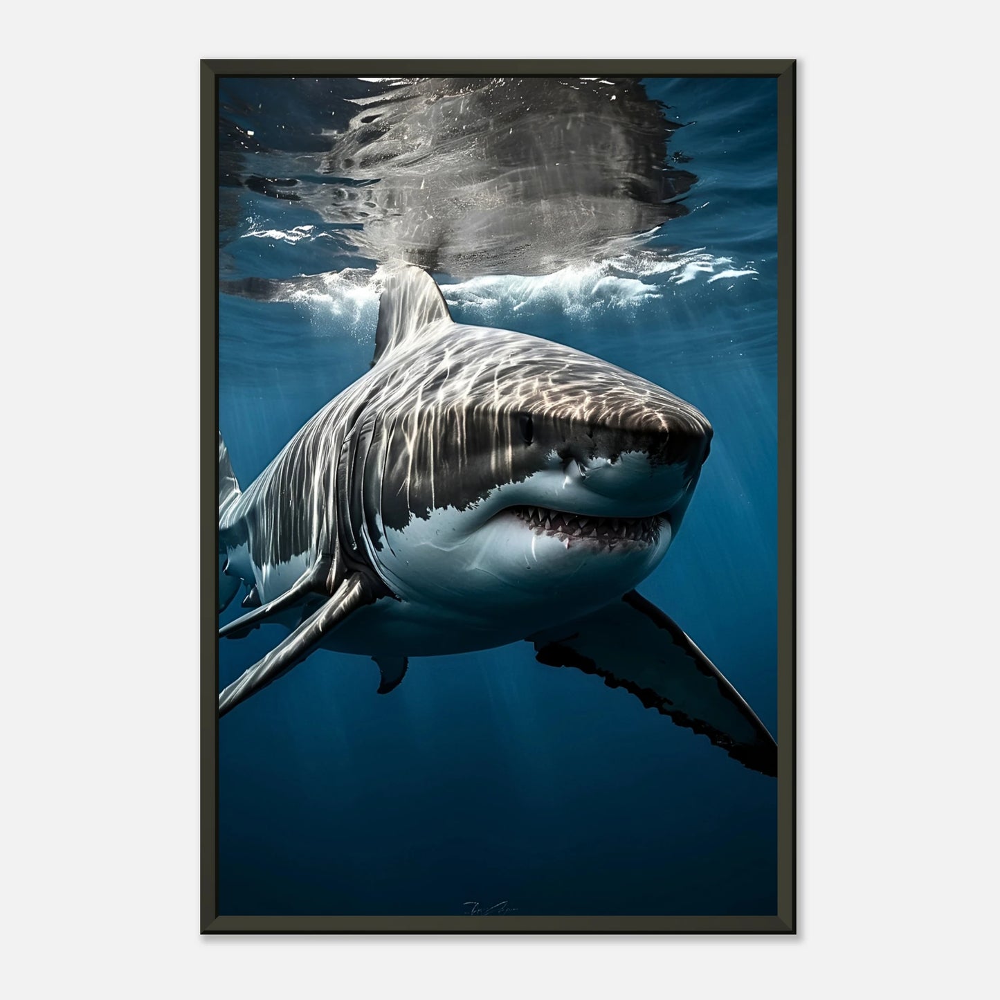 Hai Wandbild Depth Hunter – kraftvolles Poster des Weißen Hais im schwarzen Metallrahmen, elegante Meereskunst | DEFA Designs