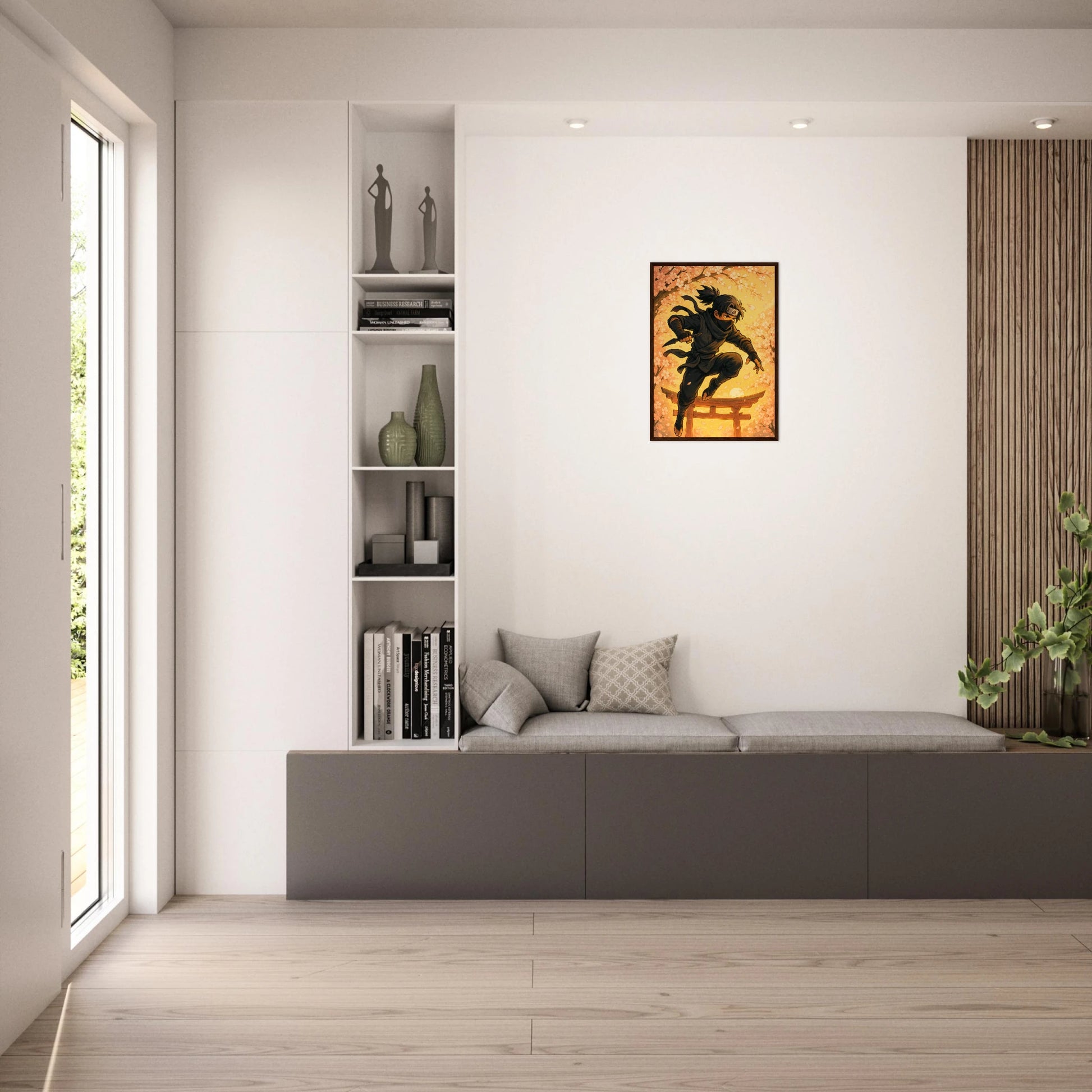 HANAKAGE Poster im hellen Wohnzimmer – edles Anime-Kunstwerk mit goldener Farbpalette, ideal als stilvolle Wanddekoration für moderne Räume.