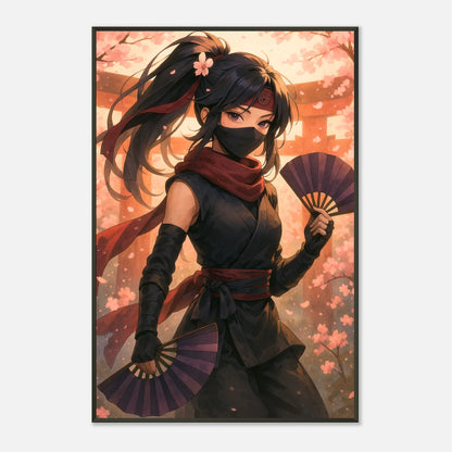 „HANAMI YUREI“ Anime-Poster – kunstvolle Darstellung einer Ninja-Kriegerin mit Fächer & Kirschblüten | DEFA Designs