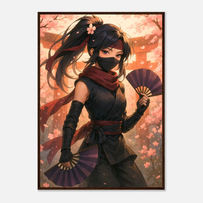 HANAMI YUREI Poster im dunkelbraunen Rahmen, Ninja-Kriegerin mit roten Accessoires im Kirschblütenhintergrund, edle japanische Anime-Dekoration für moderne Räume.