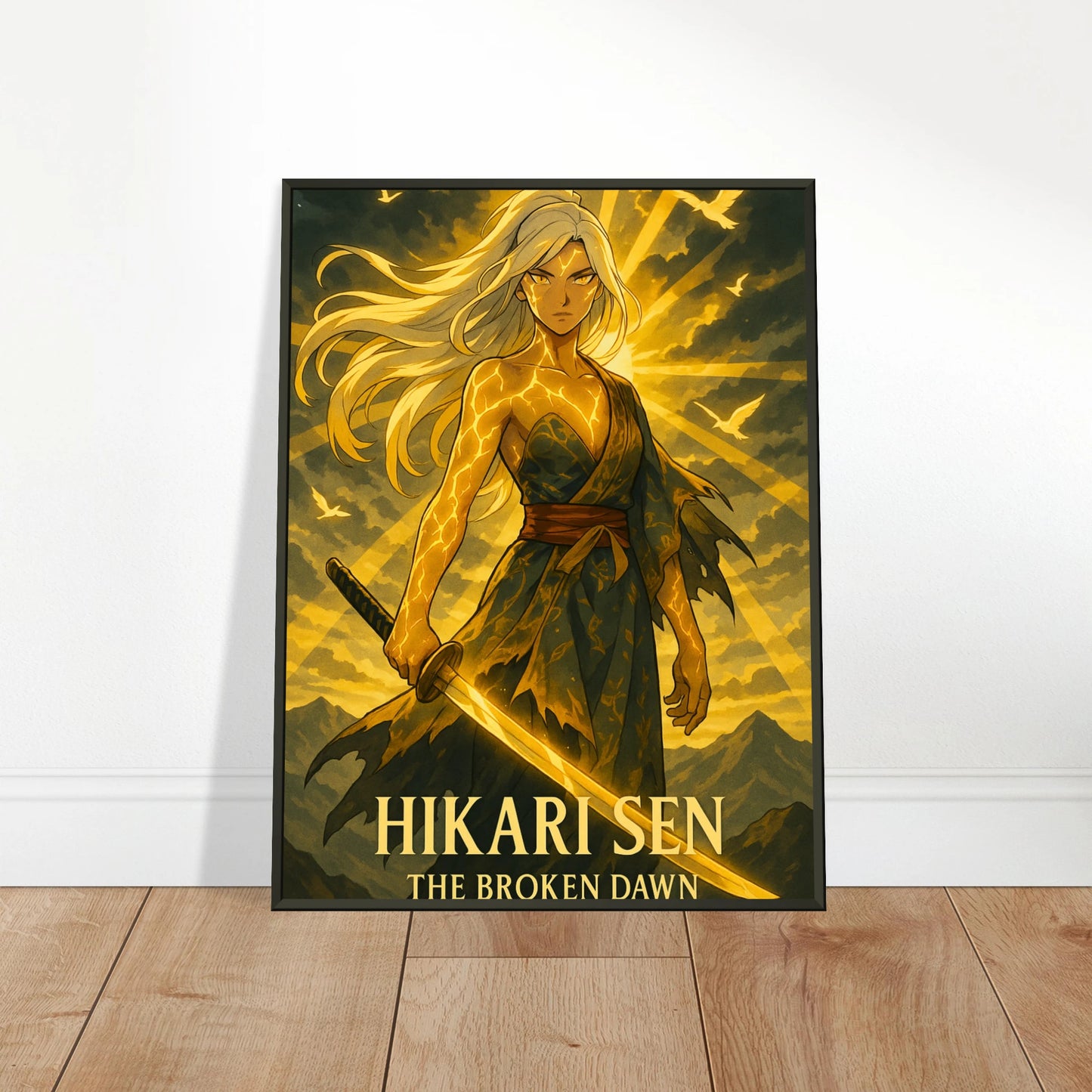 Hikari Sen Anime Poster an die Wand gelehnt – goldener Samurai Kunstdruck im modernen Wohnstil