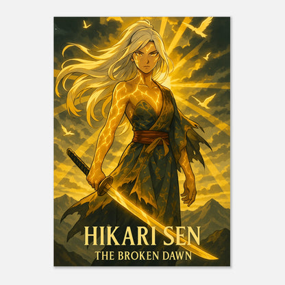 HIKARI SEN Anime Poster „The Broken Dawn“ – episches Wandbild in goldener Optik, Premium-Kunstdruck