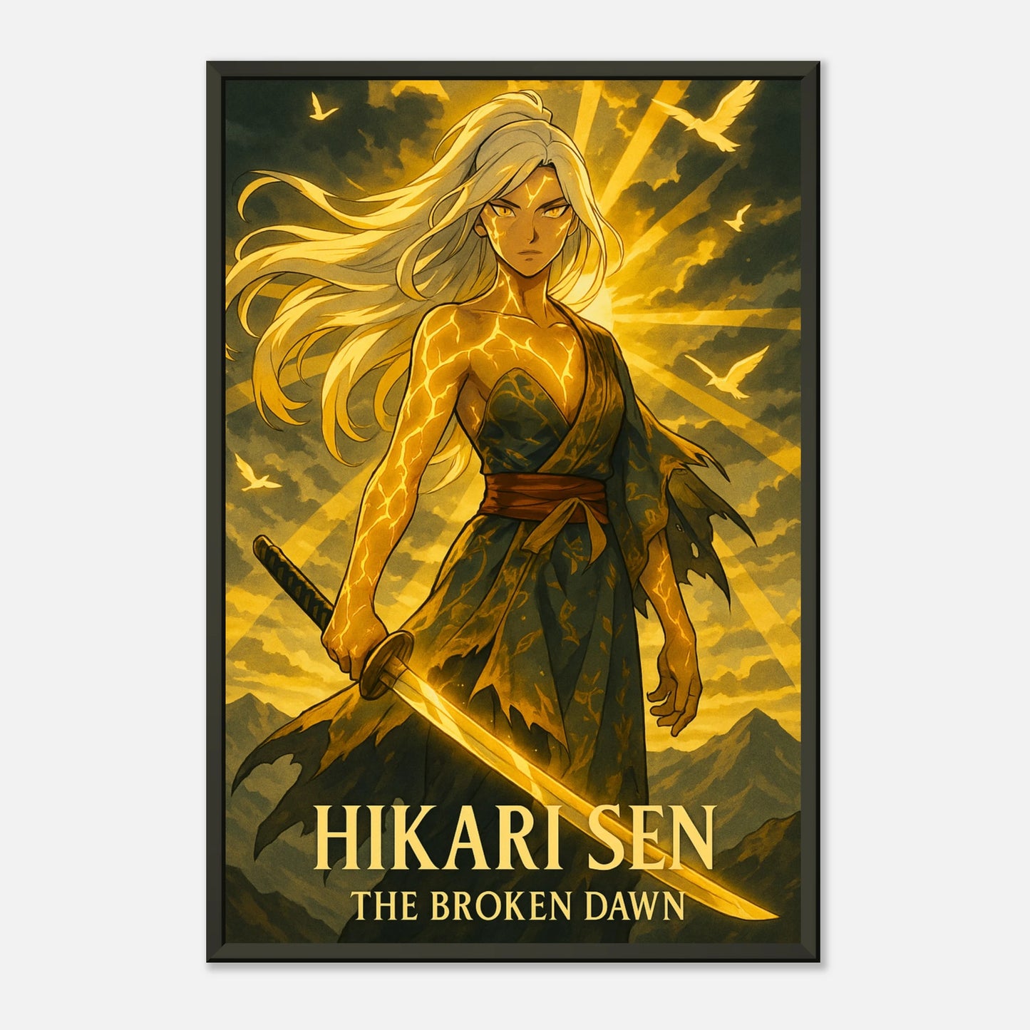 Nahaufnahme vom Hikari Sen Poster – goldener Anime Samurai mit schwarzem Rahmen in Premium-Qualität