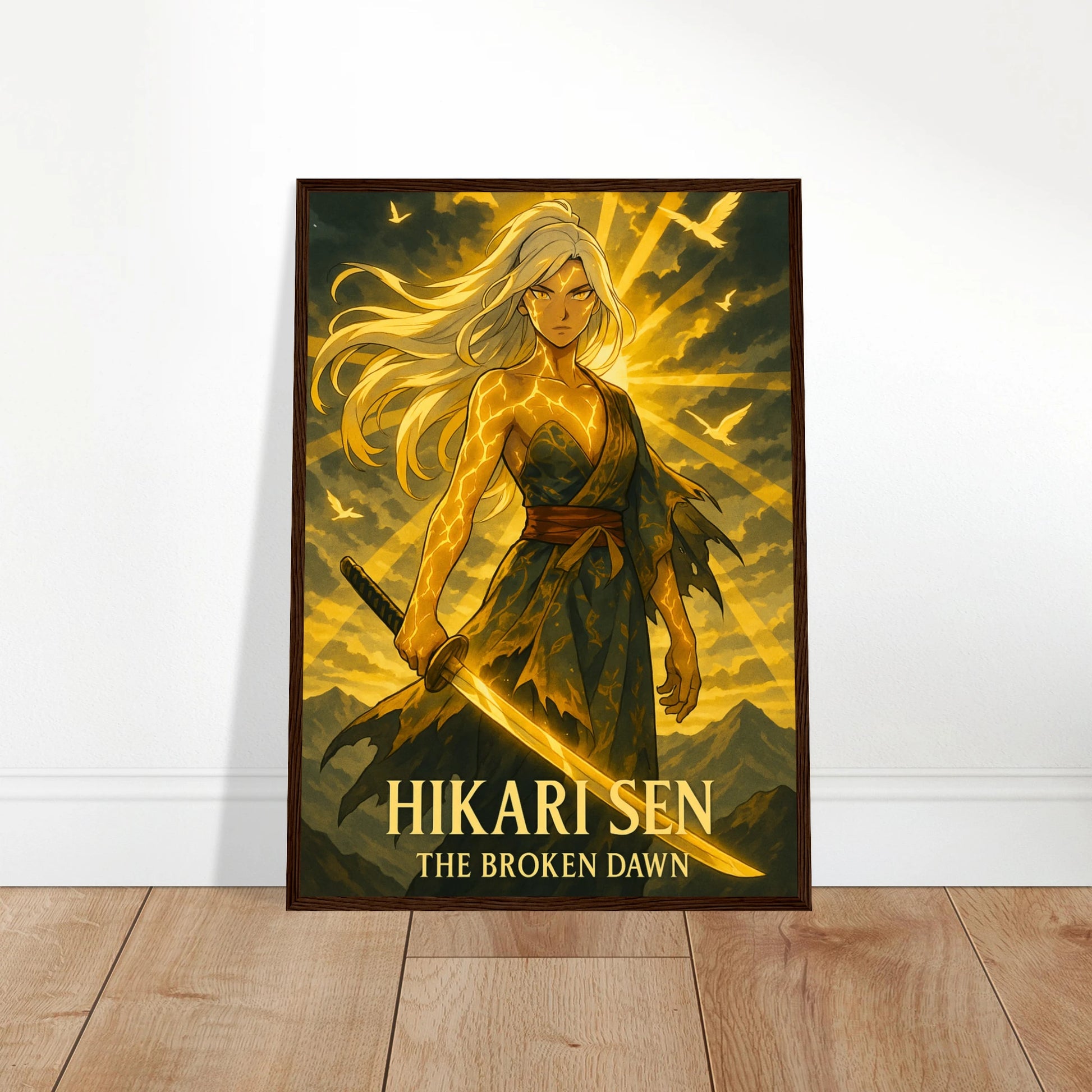 HIKARI SEN Poster an die Wand gelehnt – Anime-Kunstwerk mit goldenem Licht und Samurai-Held, moderne Wanddekoration mit Energie und Stil. Defa Designs.