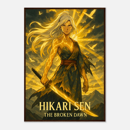 HIKARI SEN Poster im dunkelbraunen Rahmen – epischer Anime-Krieger mit leuchtendem Schwert, goldene Energie und japanische Kunstästhetik. Defa Designs.
