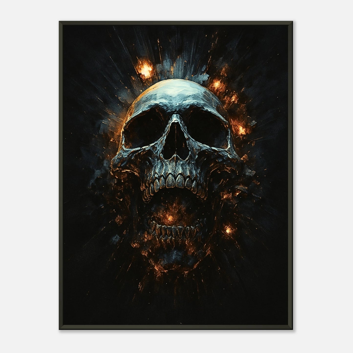 Infernal Skull Dark Fantasy Schädel Wandbild mit schwarzem Metallrahmen, feuriges Gothic Kunstwerk als modernes Statement-Poster