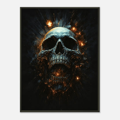 Infernal Skull Dark Fantasy Schädel Wandbild mit schwarzem Metallrahmen, feuriges Gothic Kunstwerk als modernes Statement-Poster