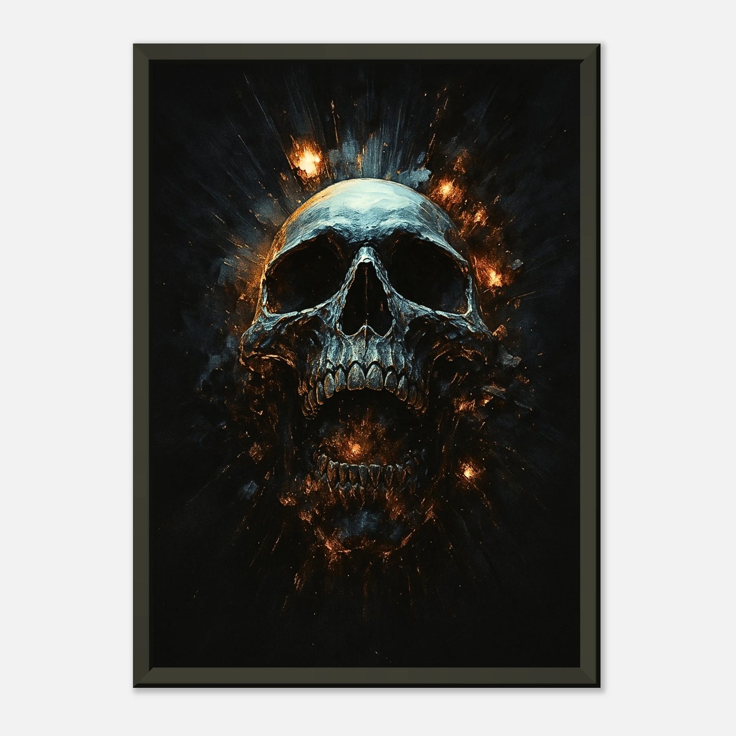 Infernal Skull Dark Fantasy Wandbild in dunklem modernen Interior, schwarzer Metallrahmen mit starker Wirkung