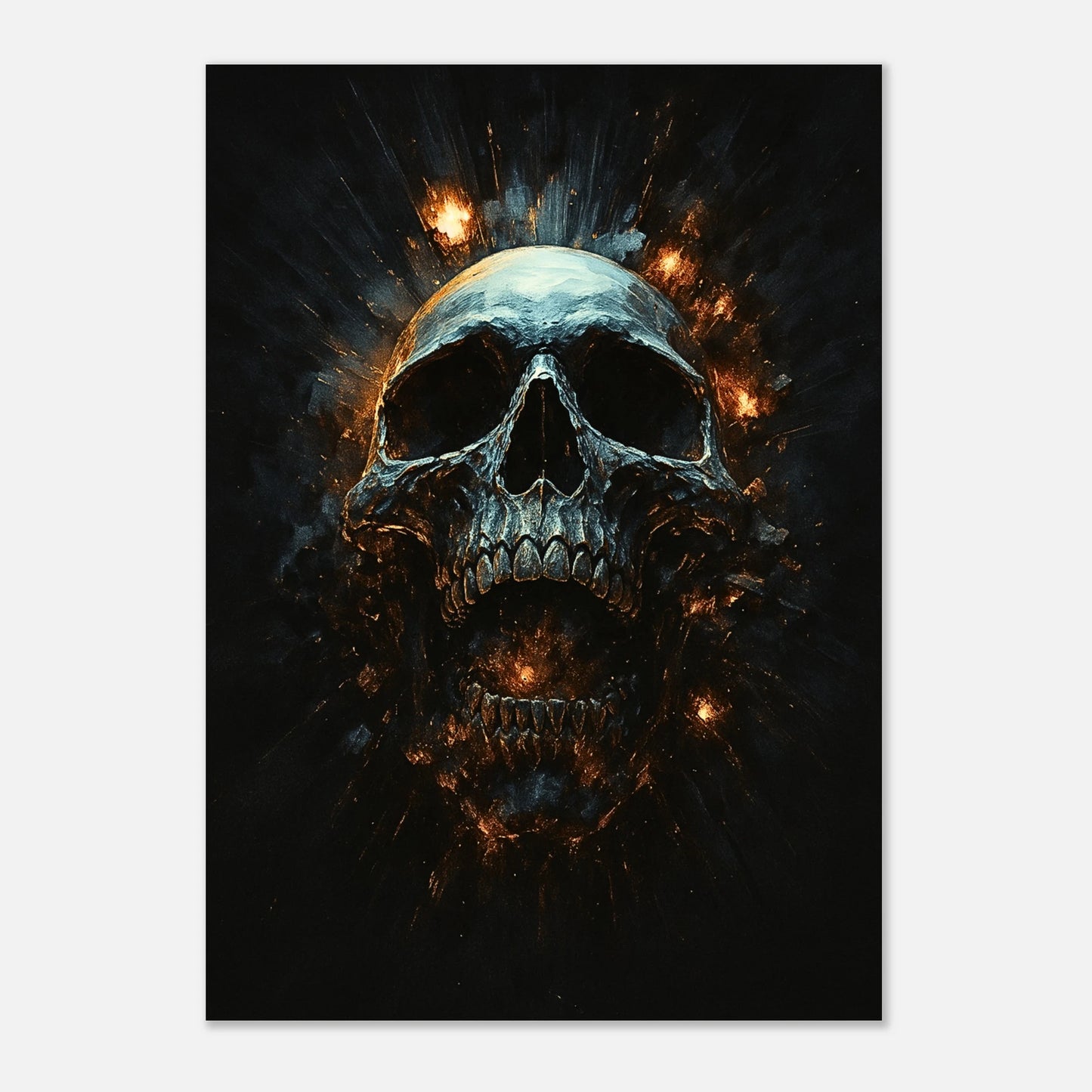 Infernal Skull Kunstdruck – düsteres Gothic Wandbild mit leuchtendem Totenschädel, Dark Fantasy Deko für Wohnzimmer oder Büro.