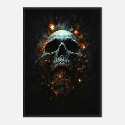 Infernal Skull Poster mit schwarzem Rahmen – feuriger Totenkopf auf dunklem Hintergrund, kraftvolles Dark Art Wandbild für moderne Räume.