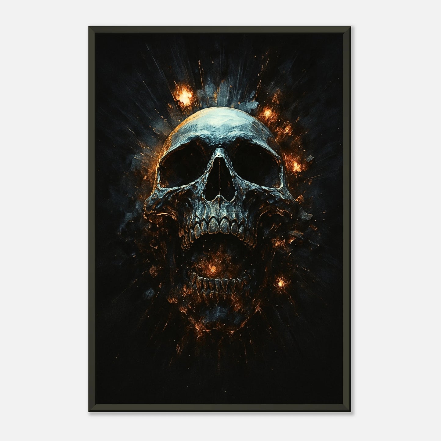 Infernal Skull Schädel Wandkunst frontal dargestellt, Dark Fantasy Wandbild mit schwarzem Metallrahmen