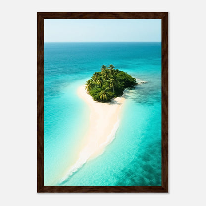 Island Escape Poster im dunkelbraunen Holzrahmen – tropisches Strand Wandbild mit türkisblauem Meer und Palmeninsel