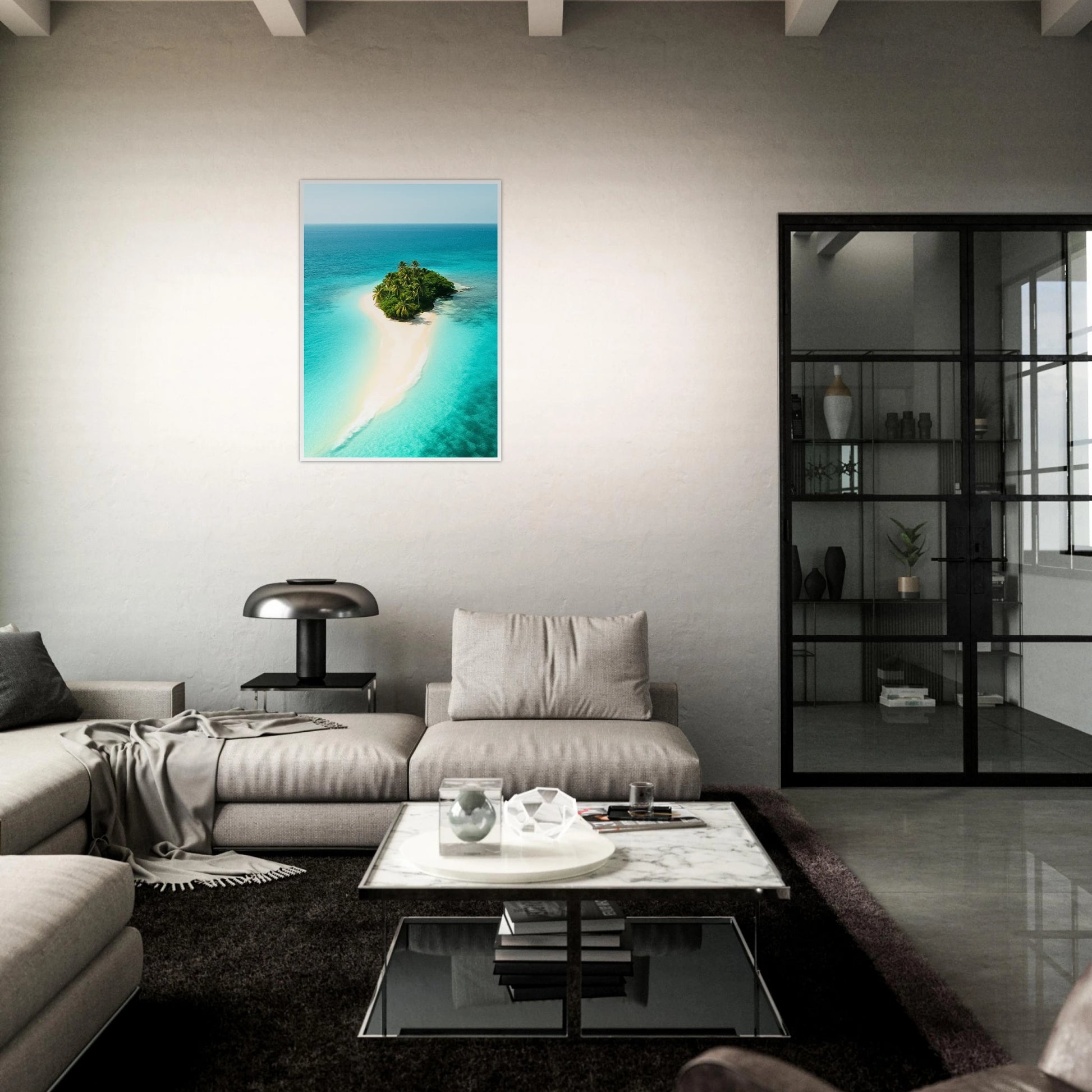 Island Escape Poster tropische Insel – türkisfarbenes Strand Wandbild als Dekoration im Esszimmer