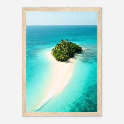 Island Escape Poster im hellbraunen Holzrahmen – tropische Insel im türkisblauen Meer als stilvolles Sommer Wandbild