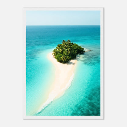Island Escape Poster im weißen Holzrahmen – modernes Strand Poster mit türkisfarbenem Meer und weißem Sandstrand