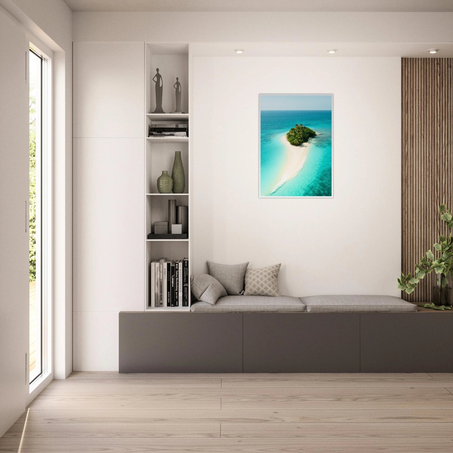 Island Escape Poster Strand & Meer – tropische Insel als stilvolle Wanddekoration im Wohnzimmer