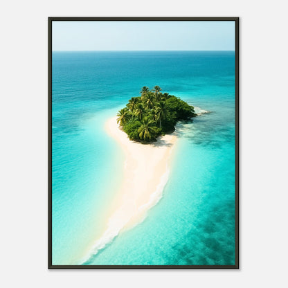 Island Escape Poster im schwarzen Metallrahmen – tropische Insel mit türkisblauem Meer und weißem Sandstrand, modernes Strandposter von Defa Designs.
