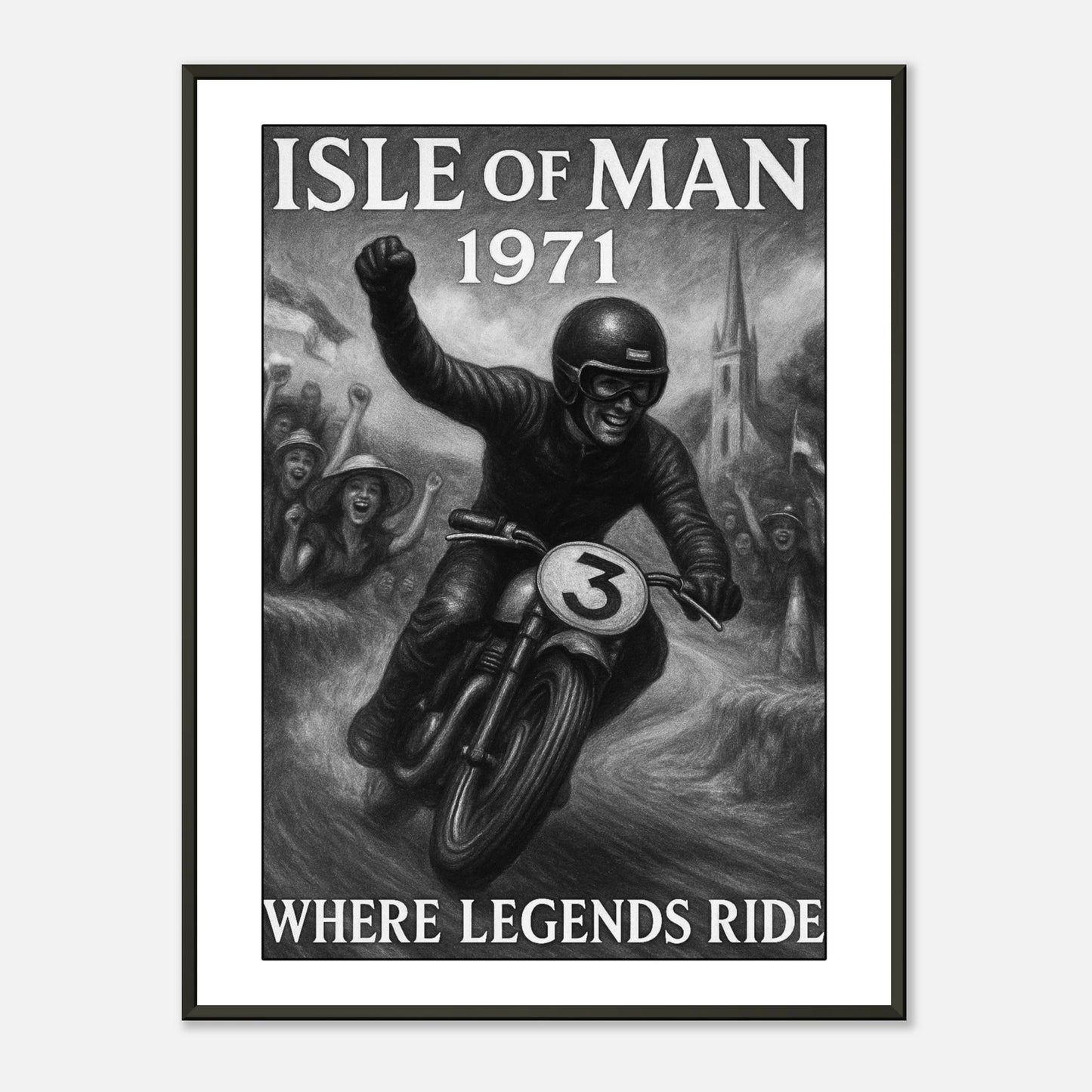 „Isle of Man 1971 – Born to Ride“ Poster im schwarzen Metallrahmen – klassisches Motorradrennen als Vintage-Wandkunst | DEFA Designs