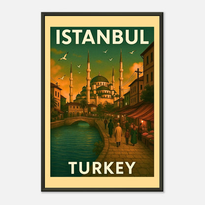 Istanbul city vintage poster in black metal frame with traditional architecture and retro travel artwork