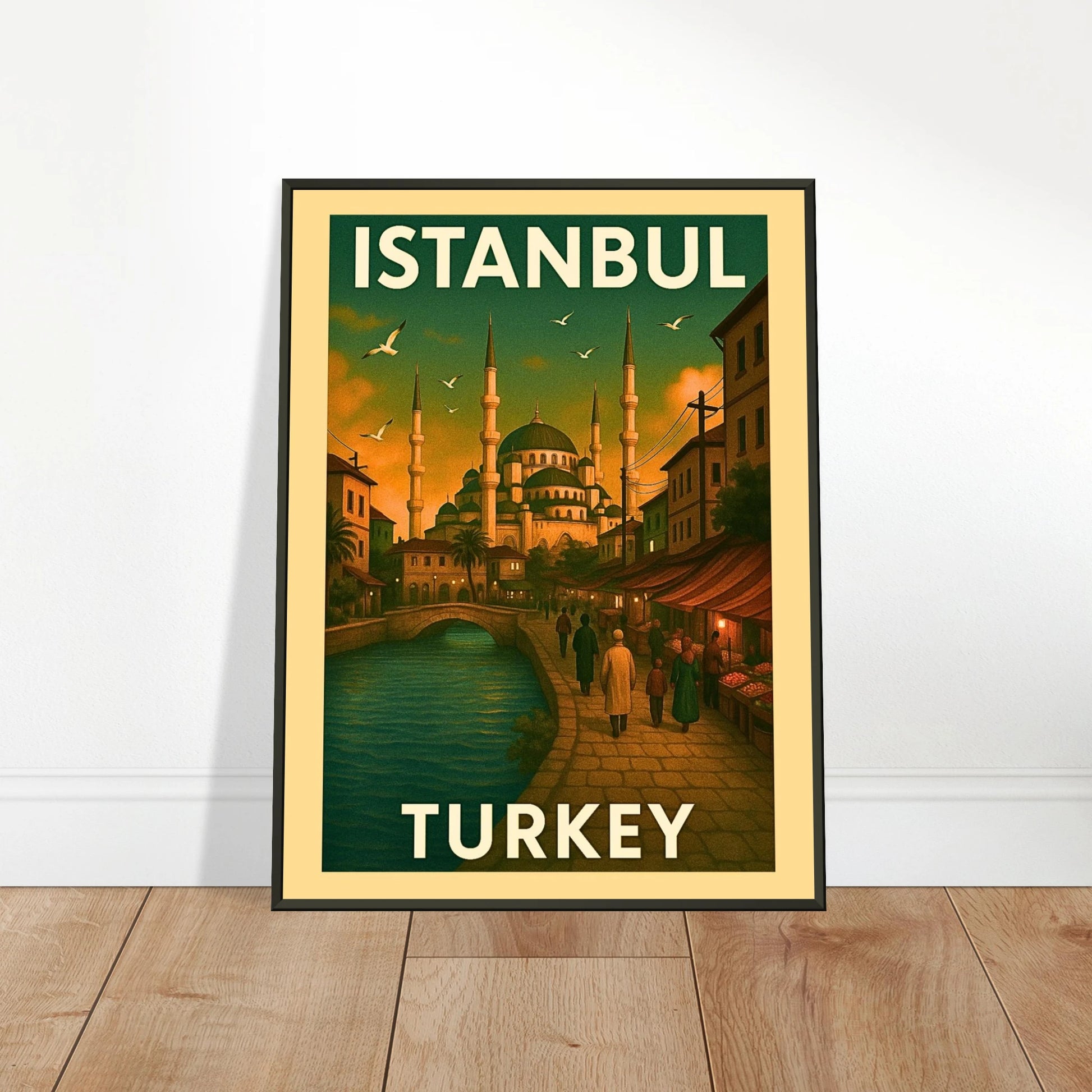 Istanbul Turkey vintage travel poster leaning on floor in black metal frame