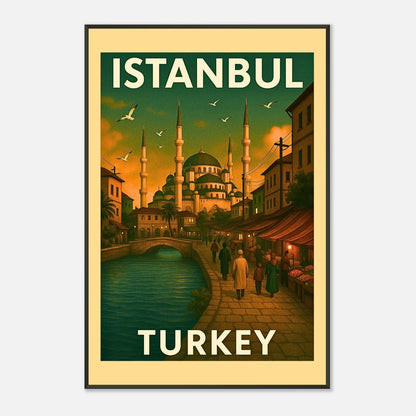 Istanbul Turkey travel poster in black metal frame featuring skyline mosques, old town streets and warm sunset tones