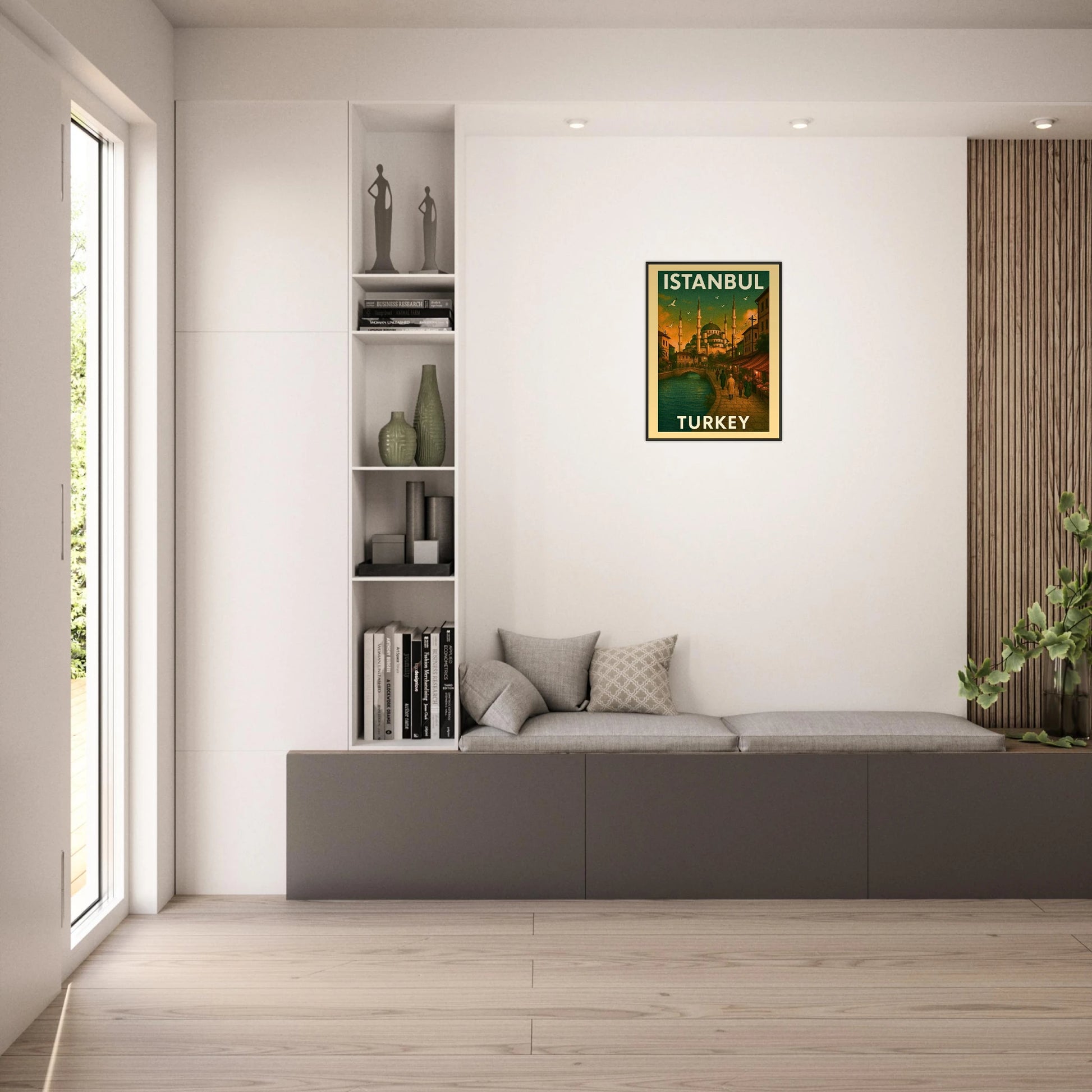 Istanbul Turkey wall art poster displayed in bright living room interior with black metal frame